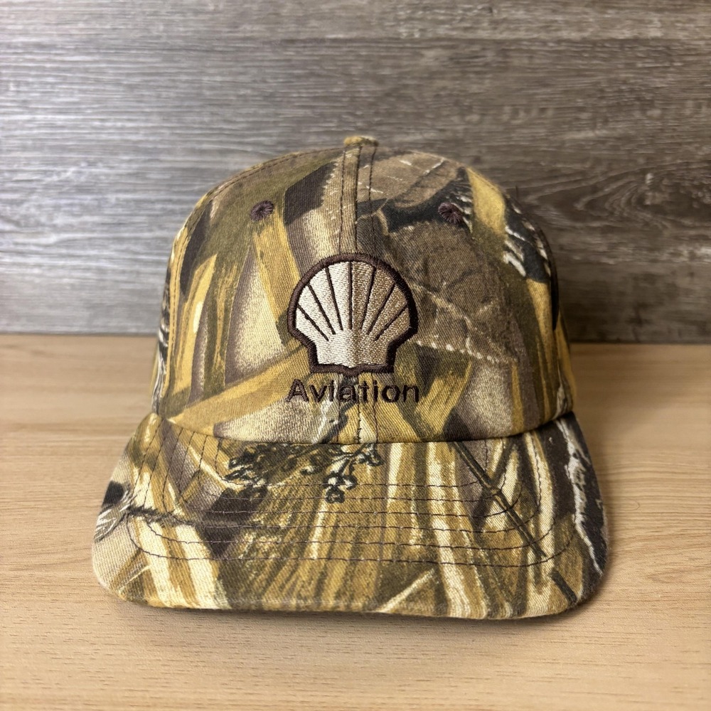 Vintage Shell Aviation Hat Cap Strap Back Camouflage Brown Camo Mens Cap America
